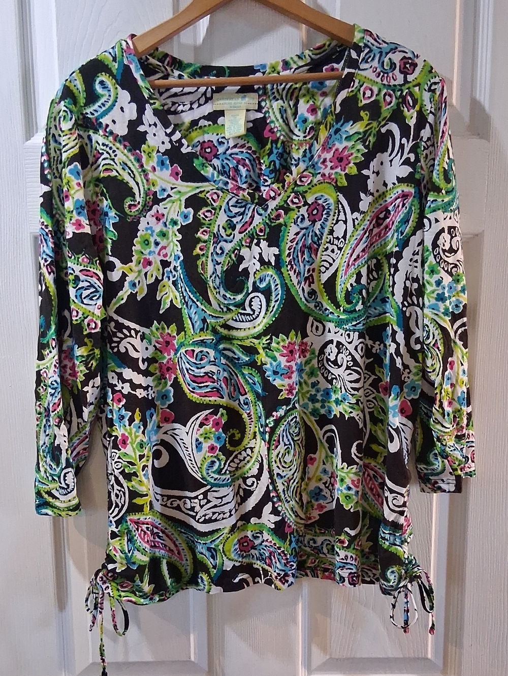 Caribbean Joe Black Paisley Drawstring Hem Tunic with Multicolor Print